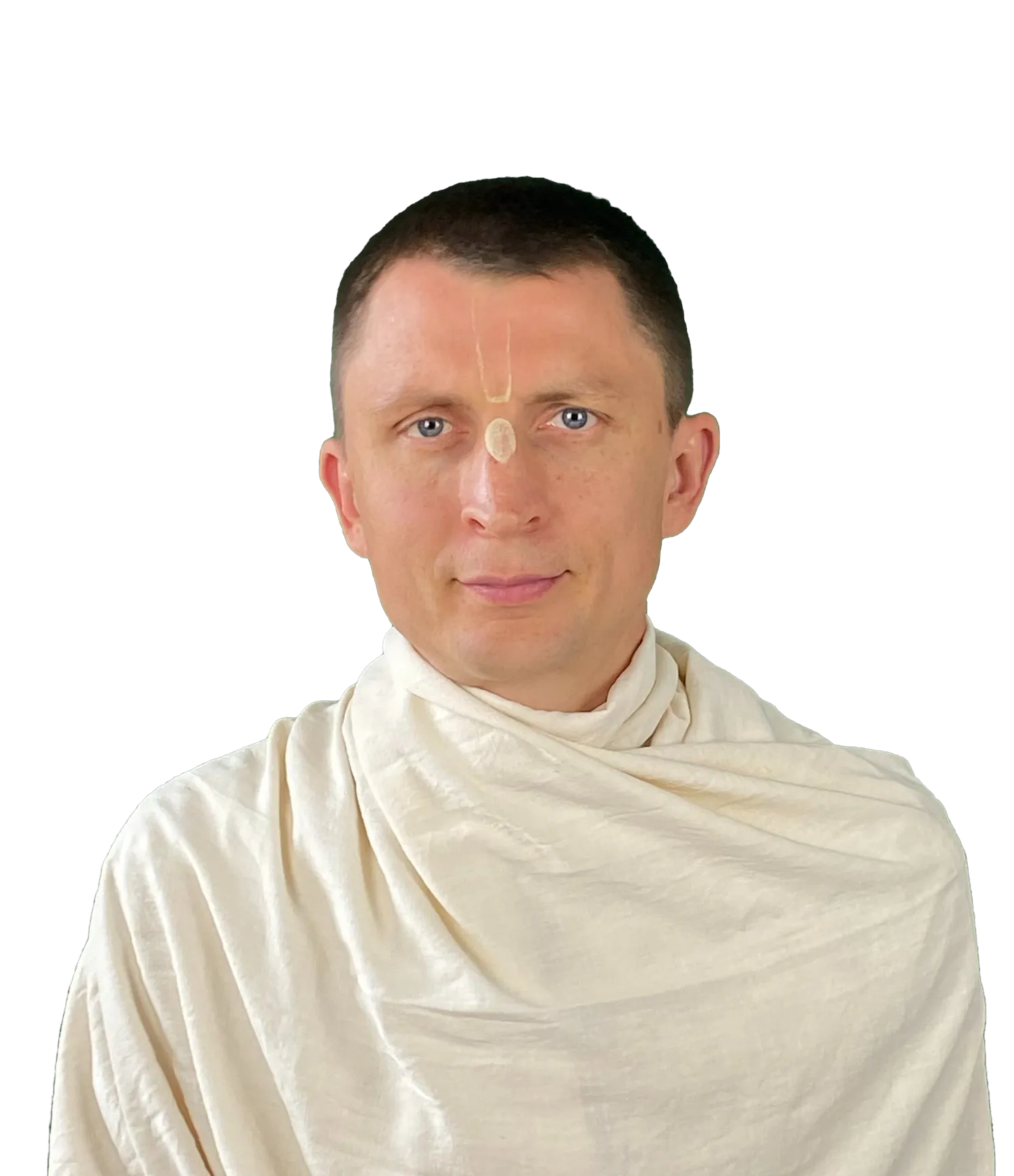 Vraja Gopal Das in a white chadar, wearing Vaishnava tilaka